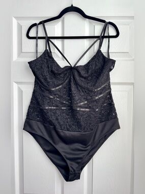 City Chic Black Lace Bodysuit with Satin Panels, Size 16